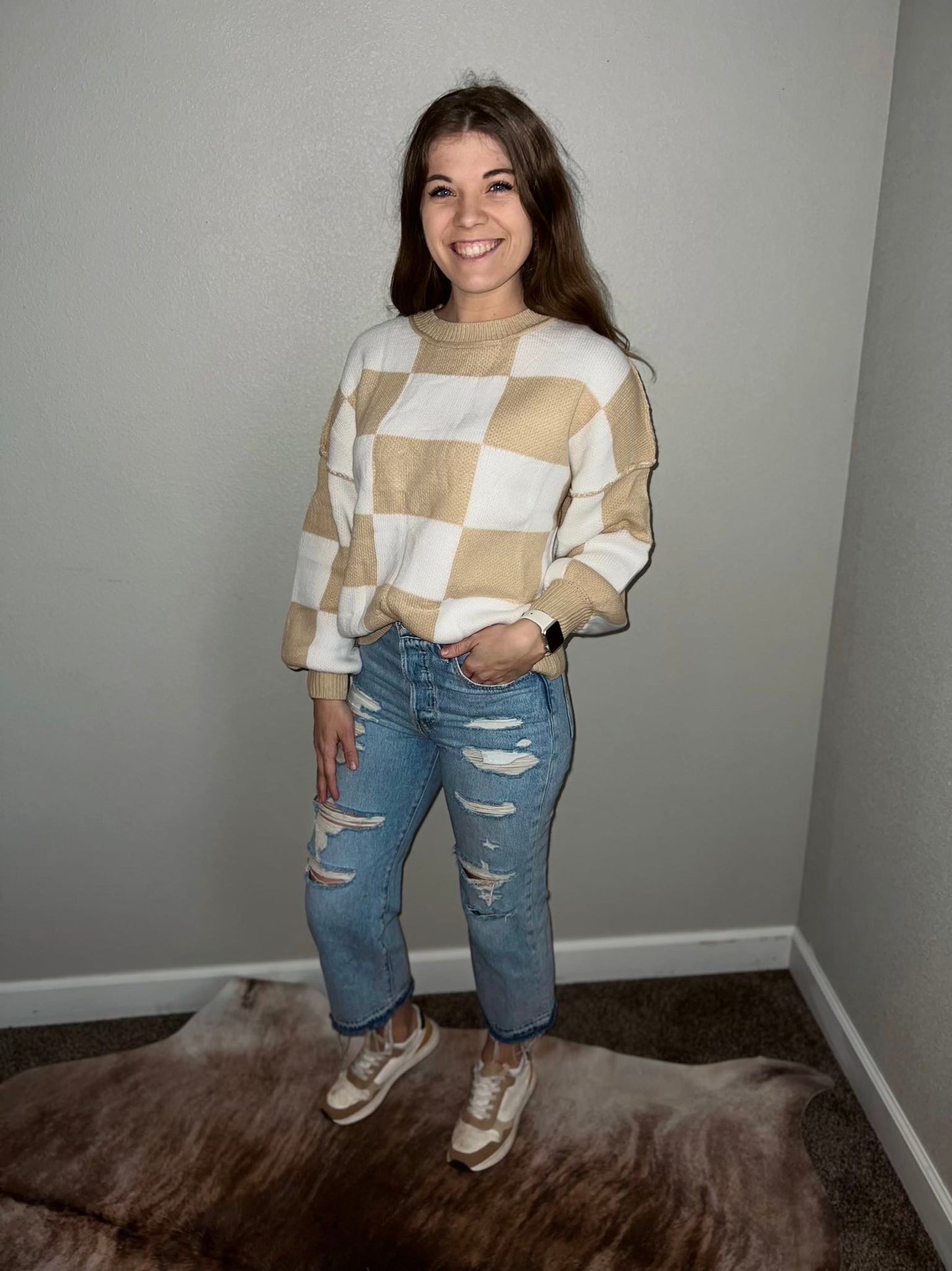 khaki checker sweater